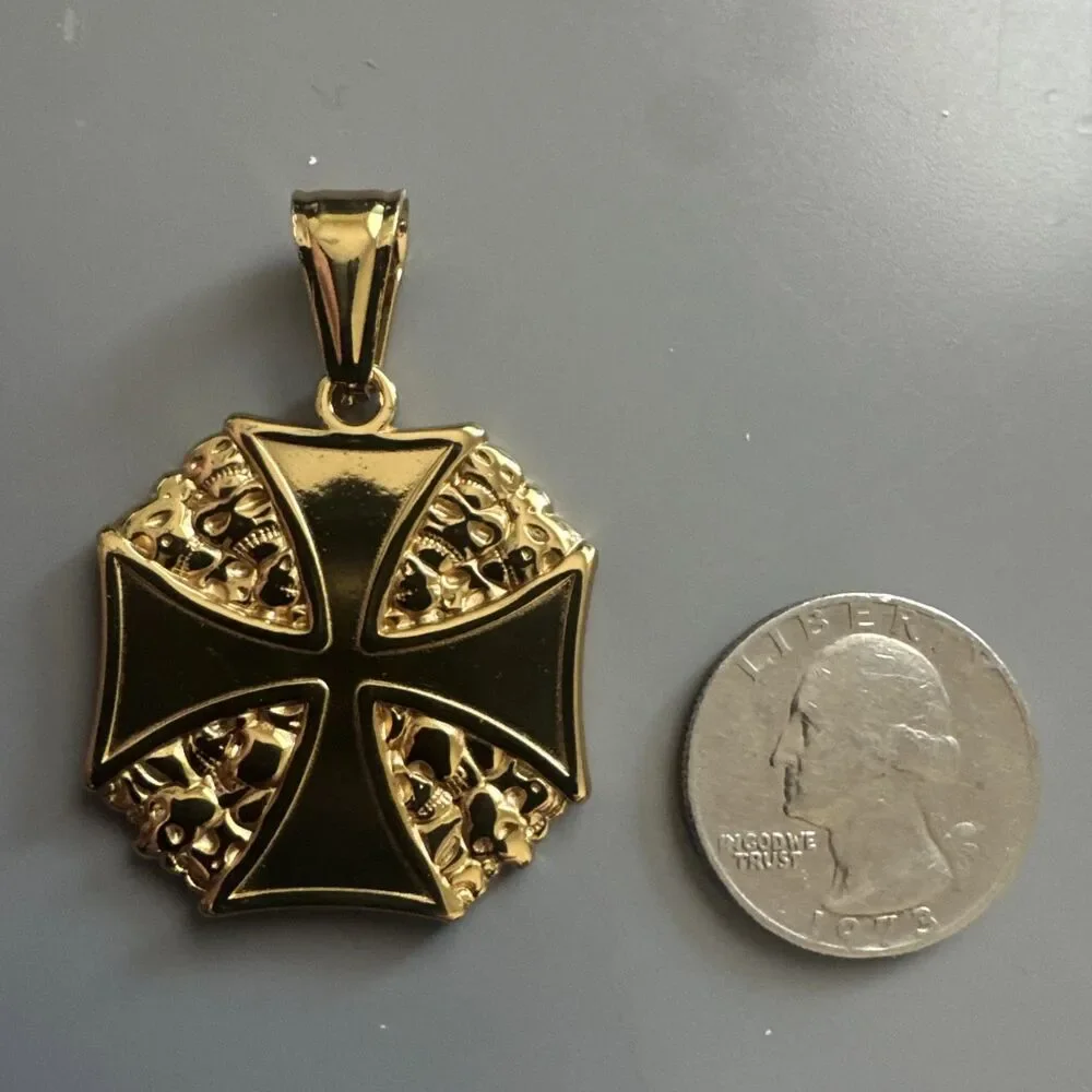 Viking Nordic Cross Skull Pendant Stainless Steel 24 Inch Chain Faith Gold Plate